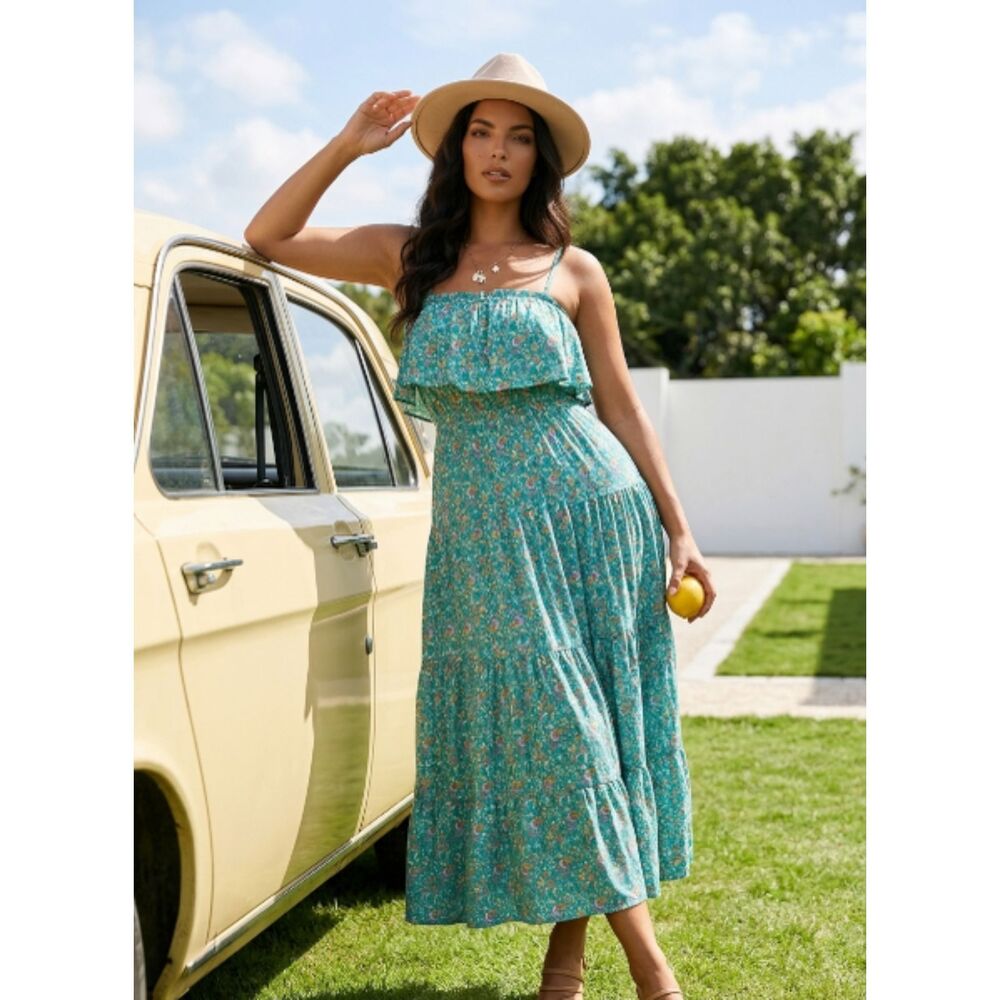 Green Floral Ruffle Boho Maxi Dress